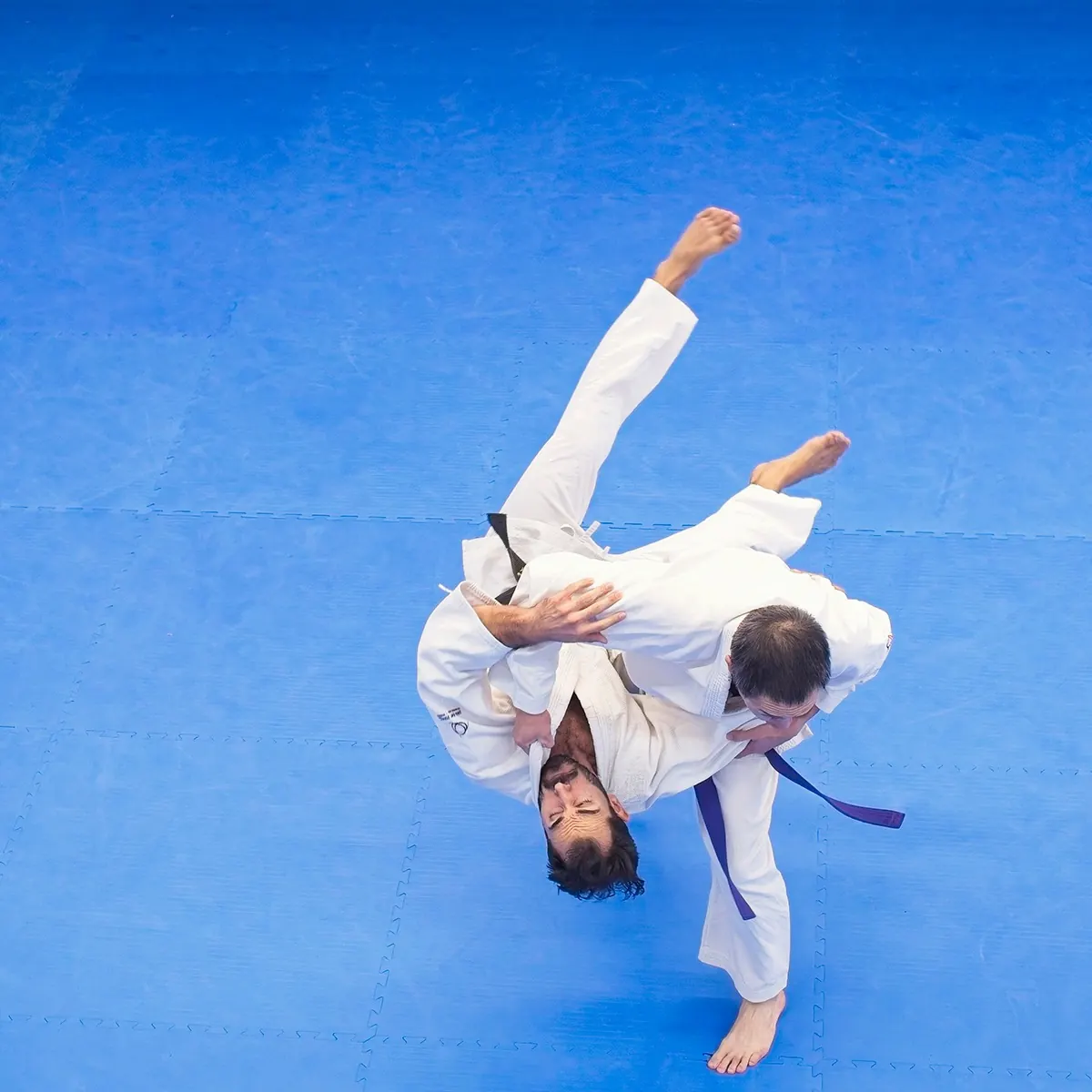 Black belt instructor demonstrating hip throw technique from overhead view